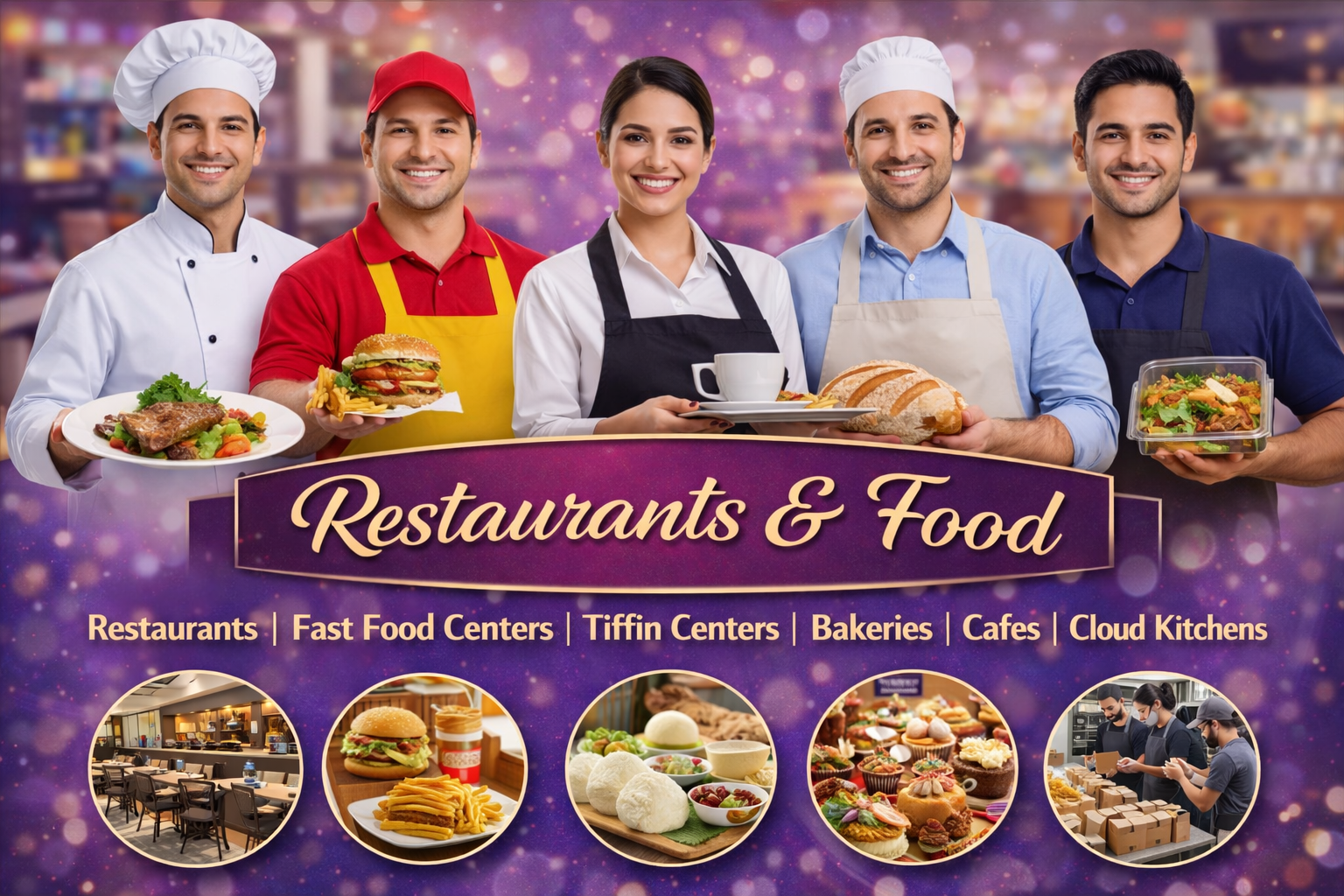Restaurants, tiffin centers, cafes, bakeries, food businesses