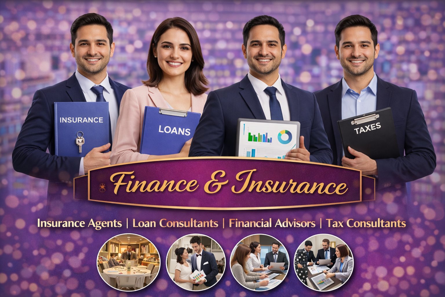 Finance services like insurance, loans, tax consultants