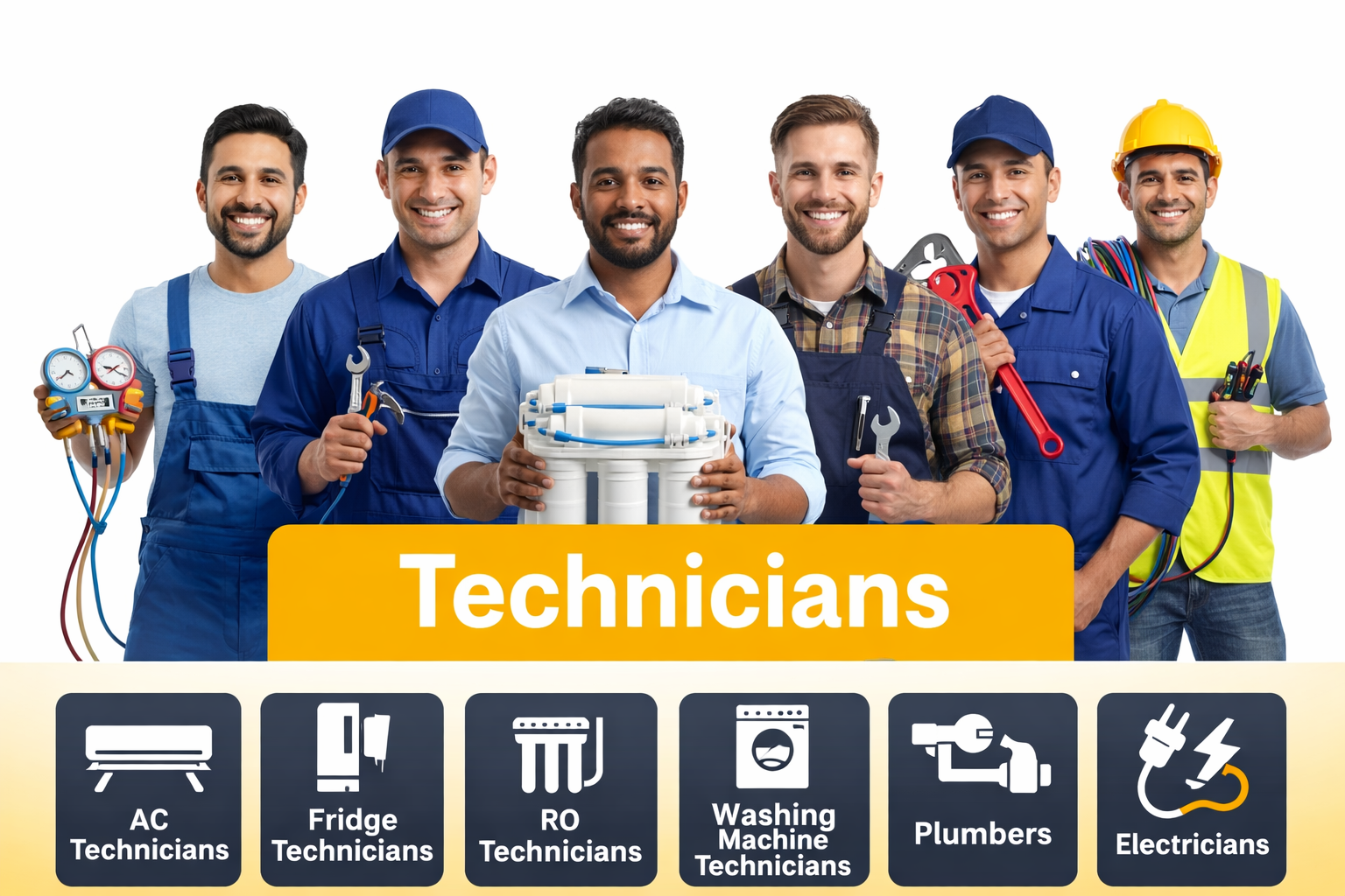 Technicians like AC, Fridge, RO, Electricians, Plumbers